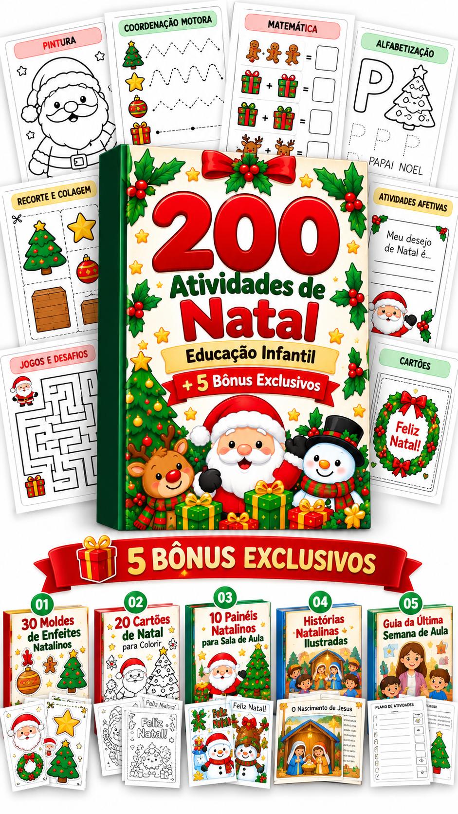 Mockup do Plano Premium: 200 atividades de Natal e 5 bônus exclusivos